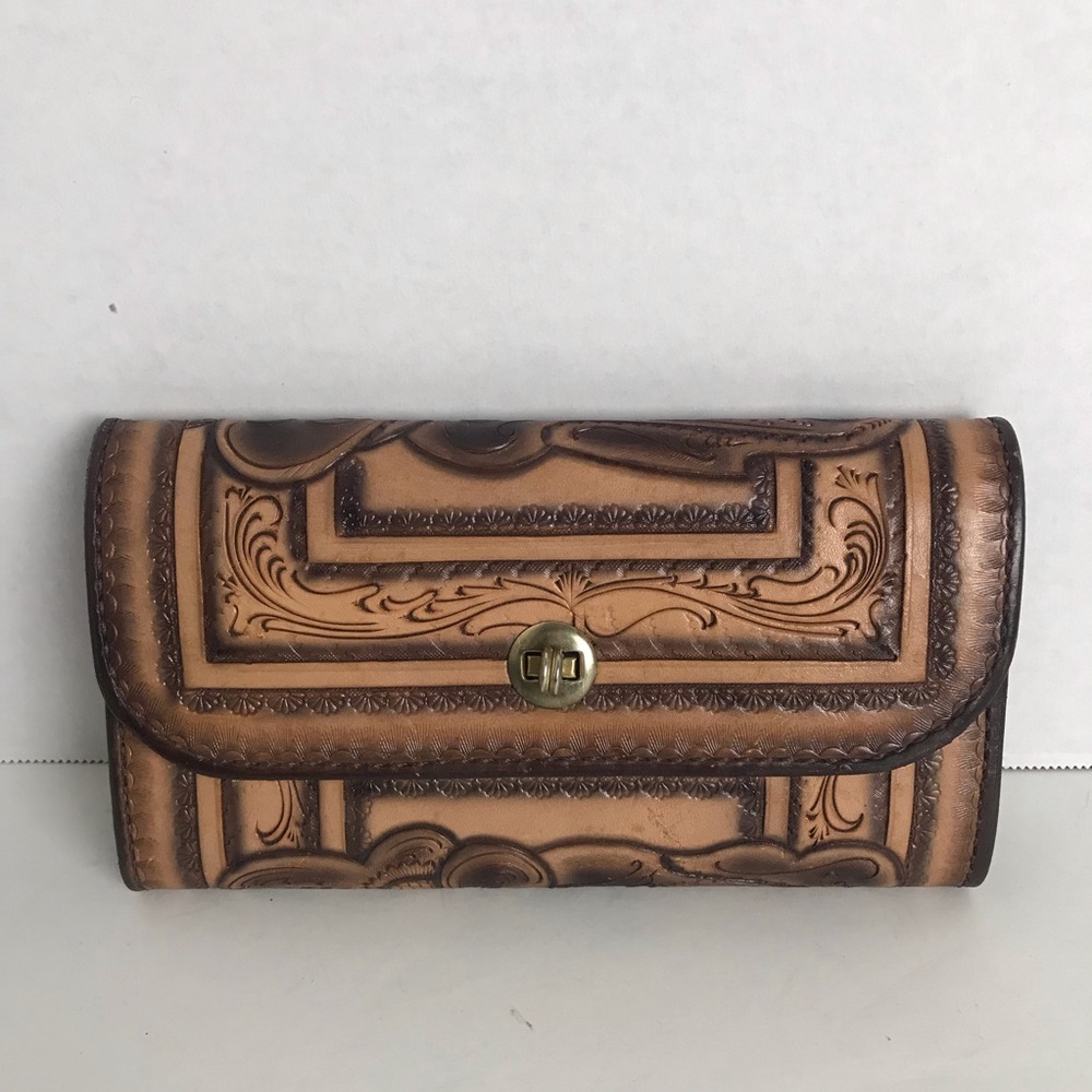 Vintage Handmade Brown Leather Floral Embossed Tooled Wallet Western